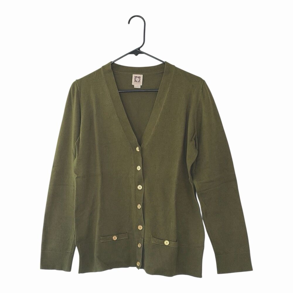 Anne Klein Womens L Cardigan Army Green Gold Button Sweater Cotton Professional